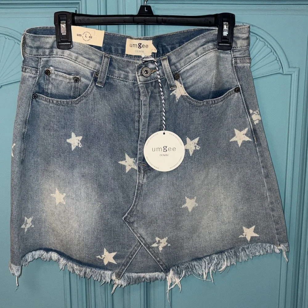 NWT Umgee Star Print Denim Jean Skirt Women’s Sz Large - Picture 5 of 7